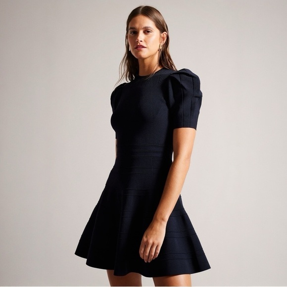 NWT Ted Baker London Navy Velvey Puff Sleeve Women's Dress Size 0 - Picture 2 of 10